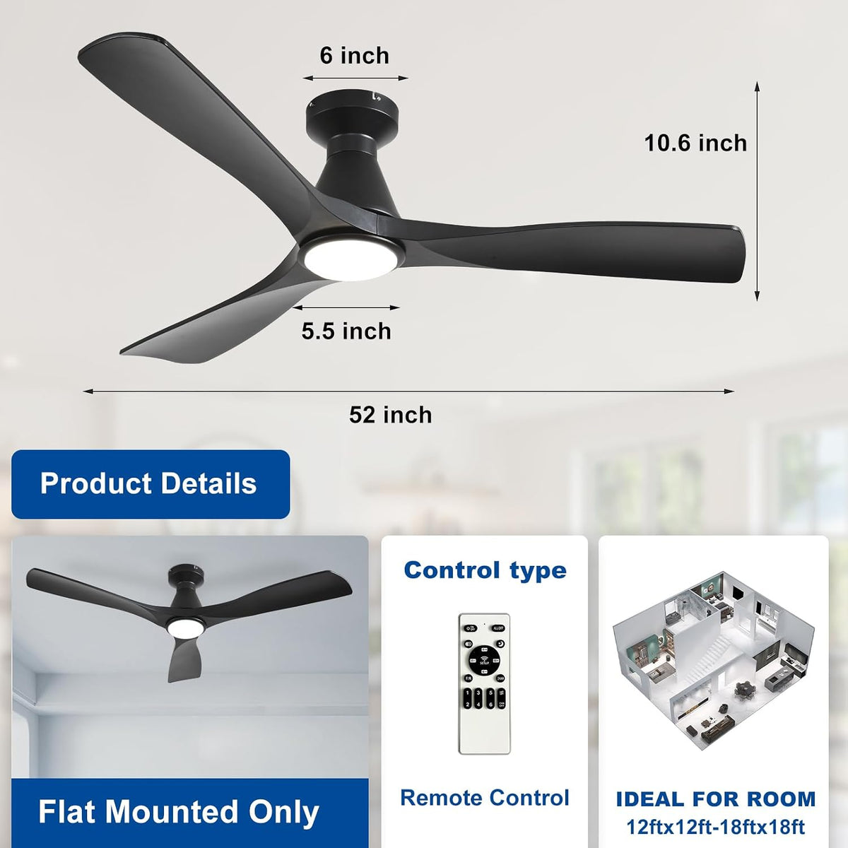 52" Black Ceiling Fan with Light and Remote