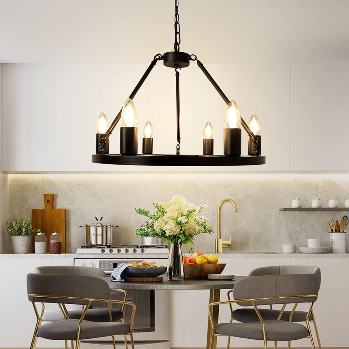 Depuley 6-Light Black Farmhouse Wagon Wheel Chandelier, Industrial Iron Kitchen Island Chandelier Light Fixture Hanging, Round Ceiling Pendant Light - WS-FND68-60B 2 | DEPULEY