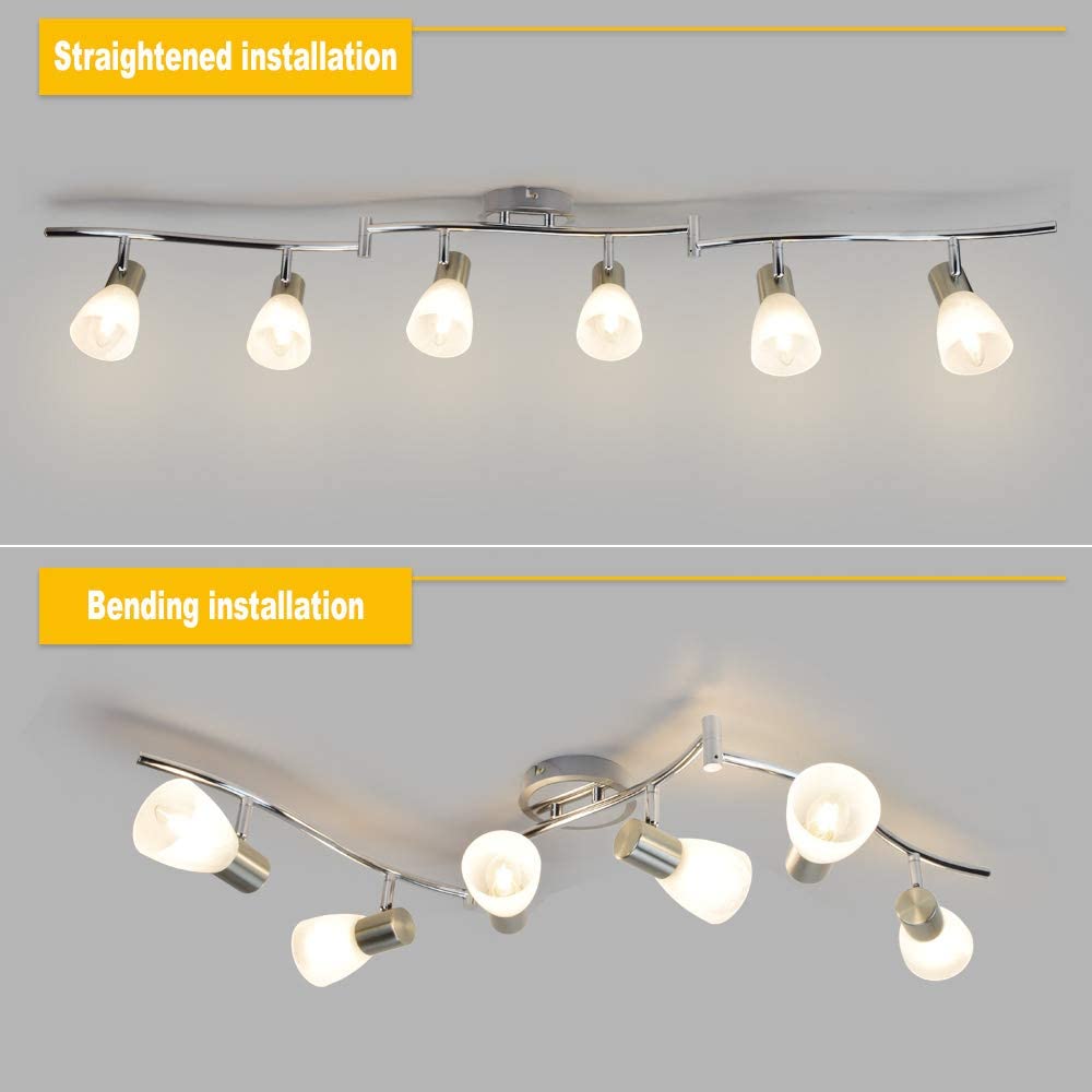 DLLT 6-Light Flexible Track Lighting Rail, Modern Directional LED Spot Ceiling Light Fixture with Glass Shade, for Living Room, Dining Room, Bedroom, Kitchen, Brush Steel - WSSD04-30B 4 | Depuley