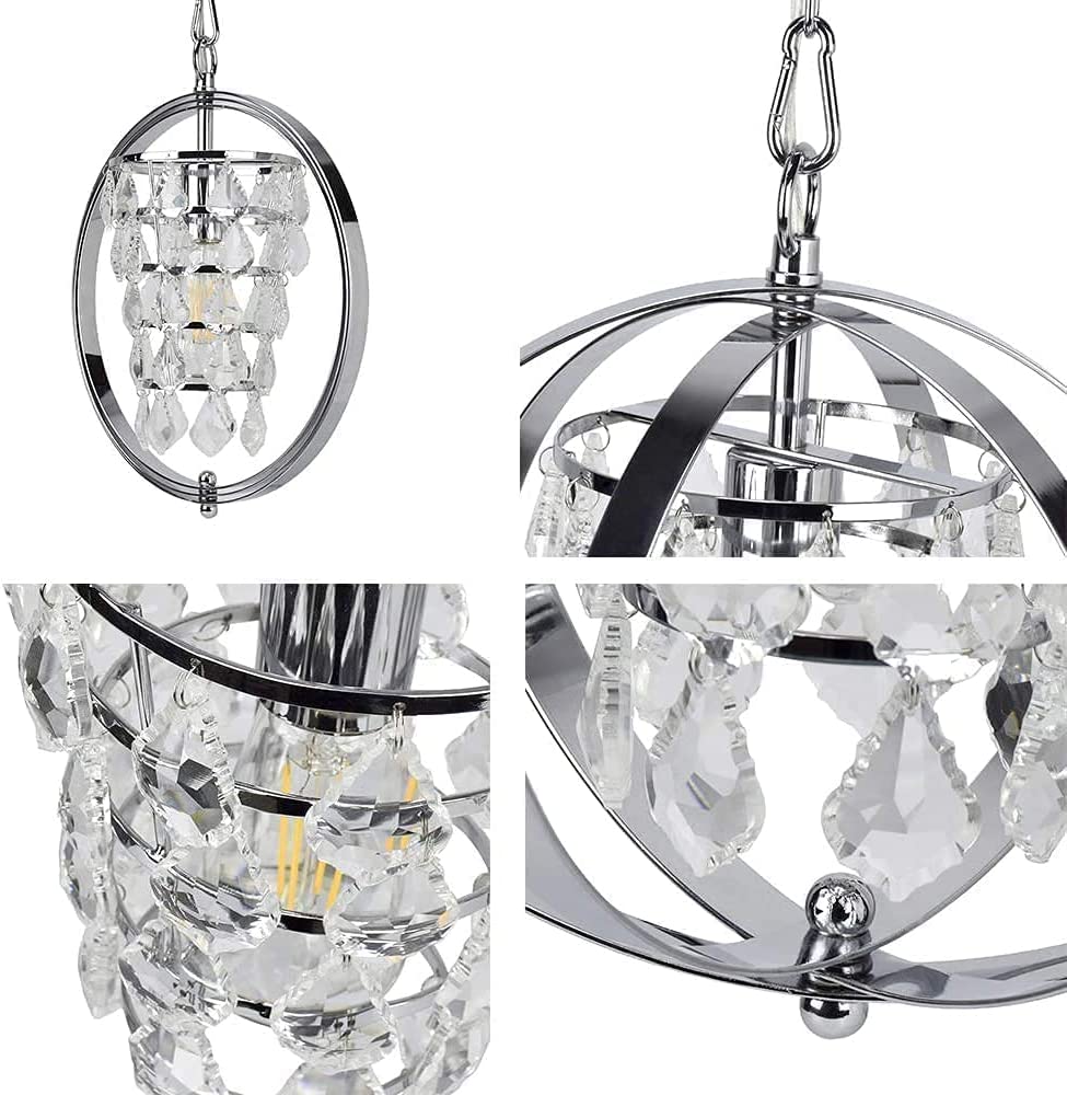 DLLT Modern Globe Crystal Chandelier Light Fixture, Industrial Adjustable Flush Mount Ceiling Pendant Lamp Hanging with Metal Frame, for Kitchen Living Room Hallway Bedroom, Chrome Finish - WSCDD18-S 7 | Depuley
