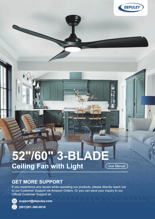 Easy Setup: WS-FPZ180 Depuley 52" 3-Blade Ceiling Fan with Light — Outdoor/Indoor, Remote & APP - DEPULEY
