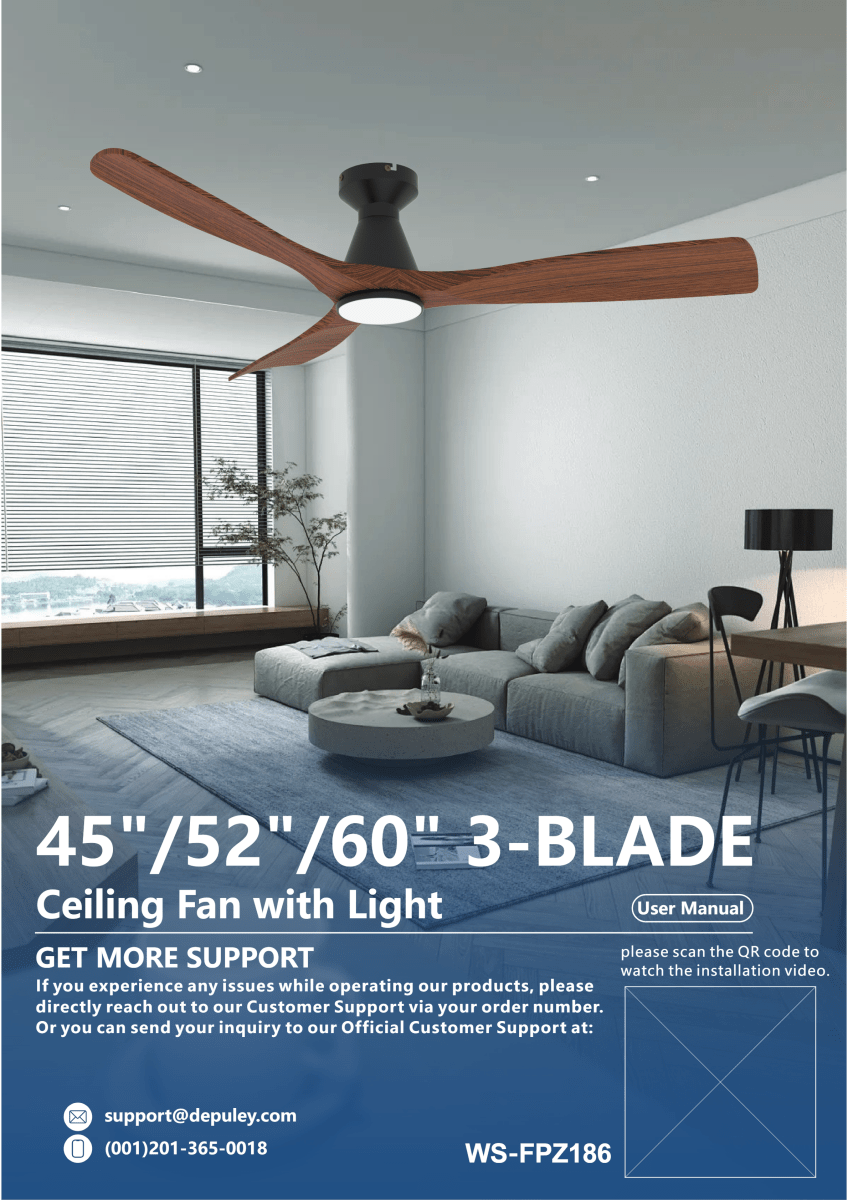 WS-FPZ186 | Depuley 45/52/60 inch 3 Blades Flush Mount Low Profile Ceiling Fan for Bedroom - DEPULEY