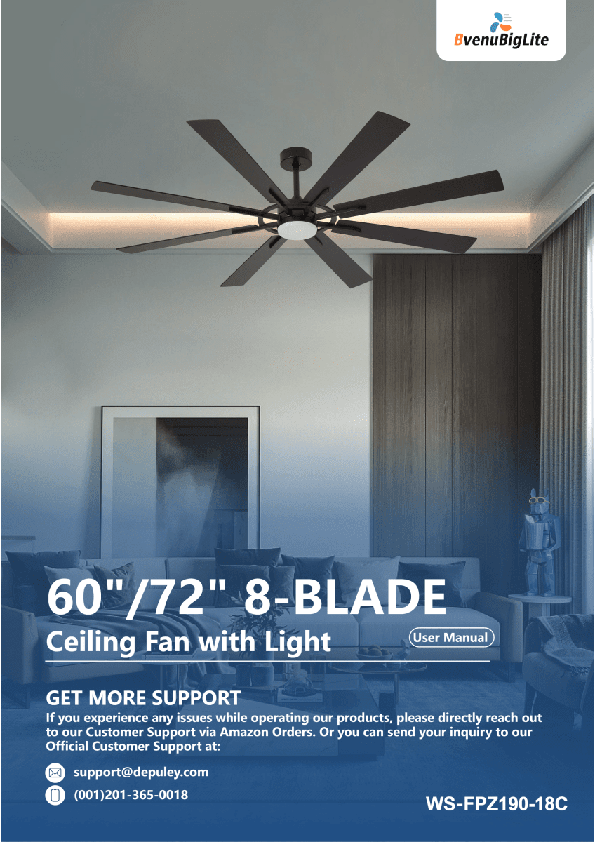 WS-FPZ190-18C | 60/72 inch Big Outdoor Ceiling Fan with Light, DC Motor | Install Guide - DEPULEY