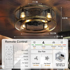 26'' Farmhouse Caged Ceiling Fan with Lights Remote Control, Flush Mount Bladeless Rustic Ceiling Fan for Low Ceiling Indoor Living Room Bedroom Kitchen - WS - FPZ57 - 60B - BC 15 | DEPULEY