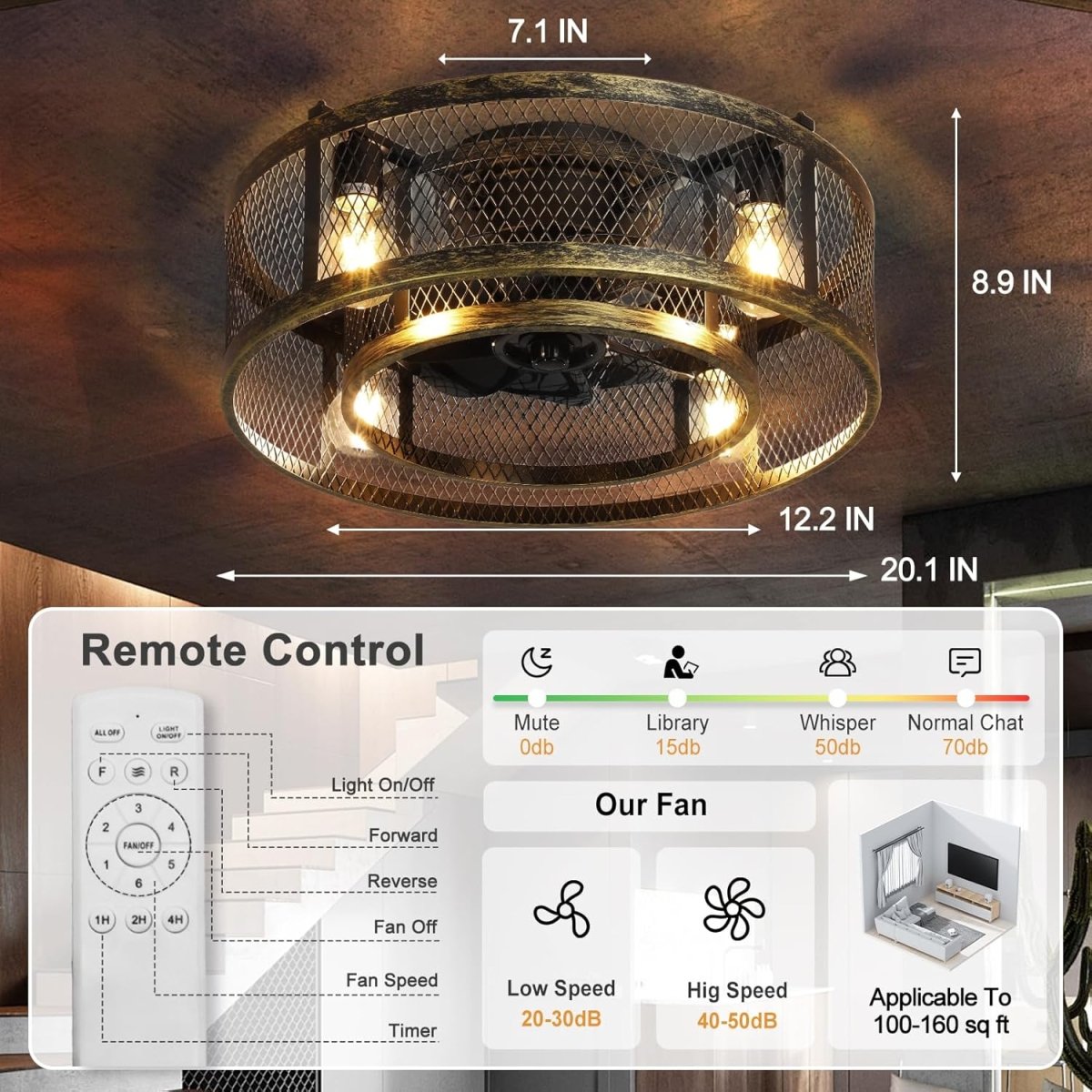 26'' Farmhouse Caged Ceiling Fan with Lights Remote Control, Flush Mount Bladeless Rustic Ceiling Fan for Low Ceiling Indoor Living Room Bedroom Kitchen - WS - FPZ57 - 60B - BC 15 | DEPULEY