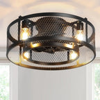 26'' Farmhouse Caged Ceiling Fan with Lights Remote Control, Flush Mount Bladeless Rustic Ceiling Fan for Low Ceiling Indoor Living Room Bedroom Kitchen - WS - FPZ57 - 60B 16 | DEPULEY
