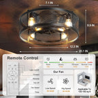 26'' Farmhouse Caged Ceiling Fan with Lights Remote Control, Flush Mount Bladeless Rustic Ceiling Fan for Low Ceiling Indoor Living Room Bedroom Kitchen - WS - FPZ57 - 60B 17 | DEPULEY