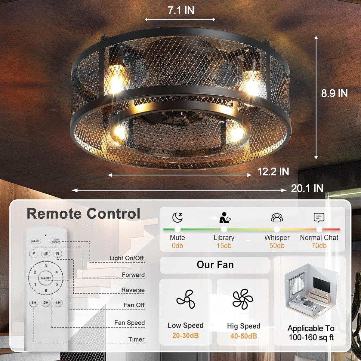 26'' Farmhouse Caged Ceiling Fan with Lights Remote Control, Flush Mount Bladeless Rustic Ceiling Fan for Low Ceiling Indoor Living Room Bedroom Kitchen - WS - FPZ57 - 60B 17 | DEPULEY