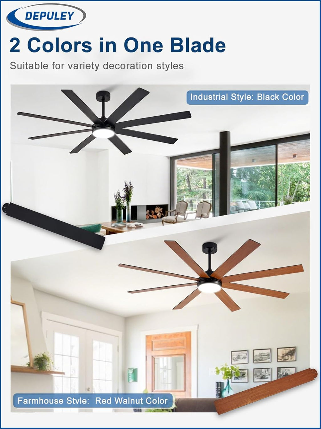Depuley 66-inch ceiling fan reversible black and walnut blade finishes