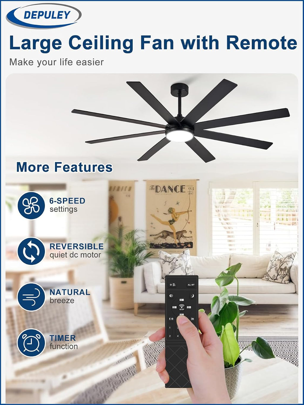 Depuley ceiling fan remote control, six speeds, timer and app control features