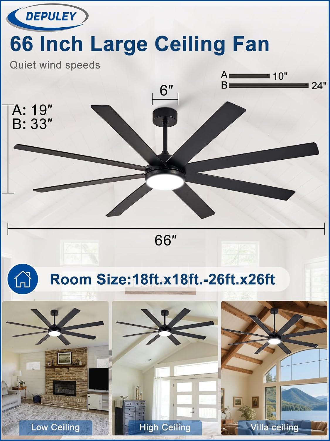 Depuley 66" Ceiling Fan with Dimmable Light – 8-Blade Black/Walnut, Remote & App Control