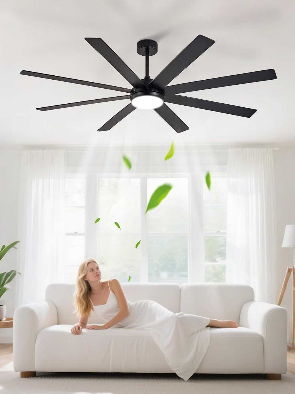 Depuley black and walnut ceiling fan with light installed in a modern room