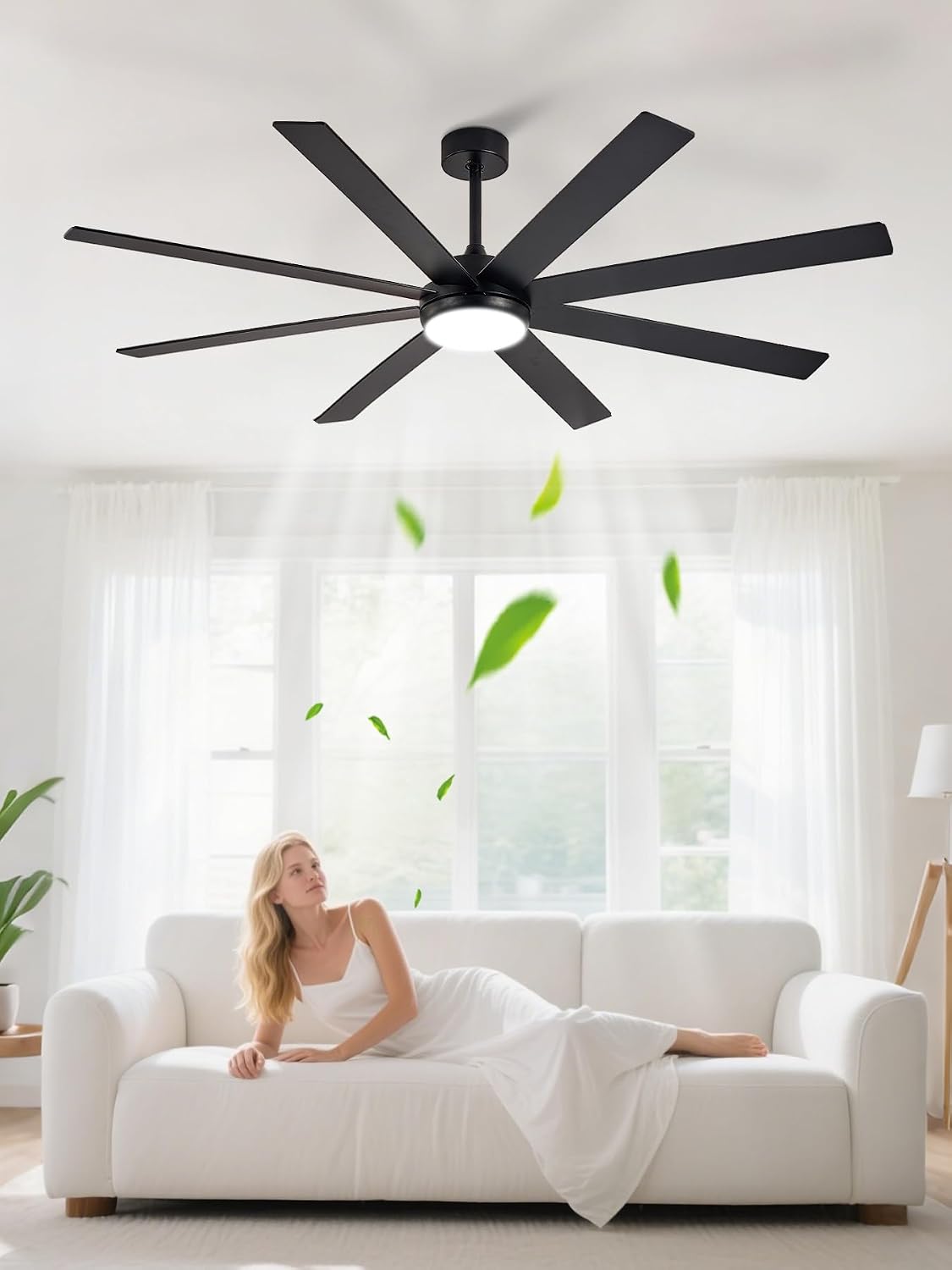 Depuley black and walnut ceiling fan with light installed in a modern room