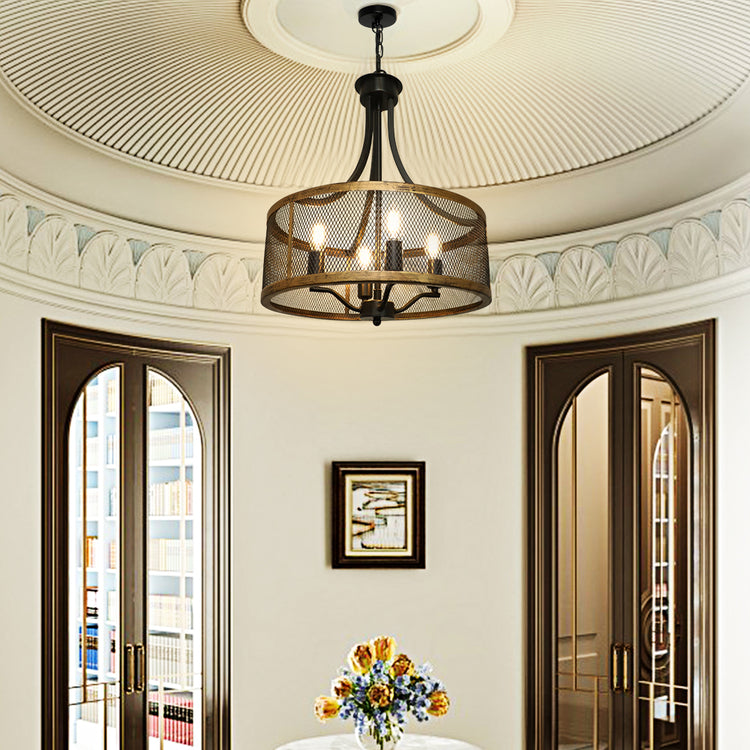 Depuley 4-Light Farmhouse Industrial Chandelier Lighting, Drum Hanging Pendant Light Fixture with Antique Gold and Matte Black for Dining Room Kitchen Living Room, Height Adjustable