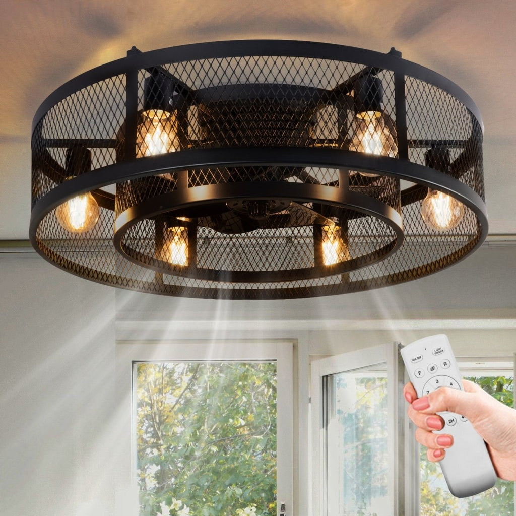 Depuley 25.6'' Caged Flush Mount Ceiling Fan with Lights Remote Control, Farmhouse Enclosed Ceiling Fan, Low Profile Vintage Ceiling Fan Lighting Fixture for Bedroom Kitchen - WS-FPZ58-60B 1 | DEPULEY