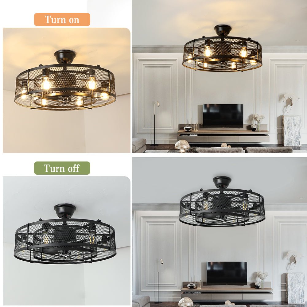 Depuley 26” Farmhouse Ceiling Fan with 6 Lights, Industrial Indoor/Outdoor Ceiling Fan Lighting, Matte Black Flush Mount Ceiling Fan Lights, Cage Ceiling Fan with Remote 6 Speed Timing (Bulb Not Incl) - WS-FPZ17-60B 6 | DEPULEY