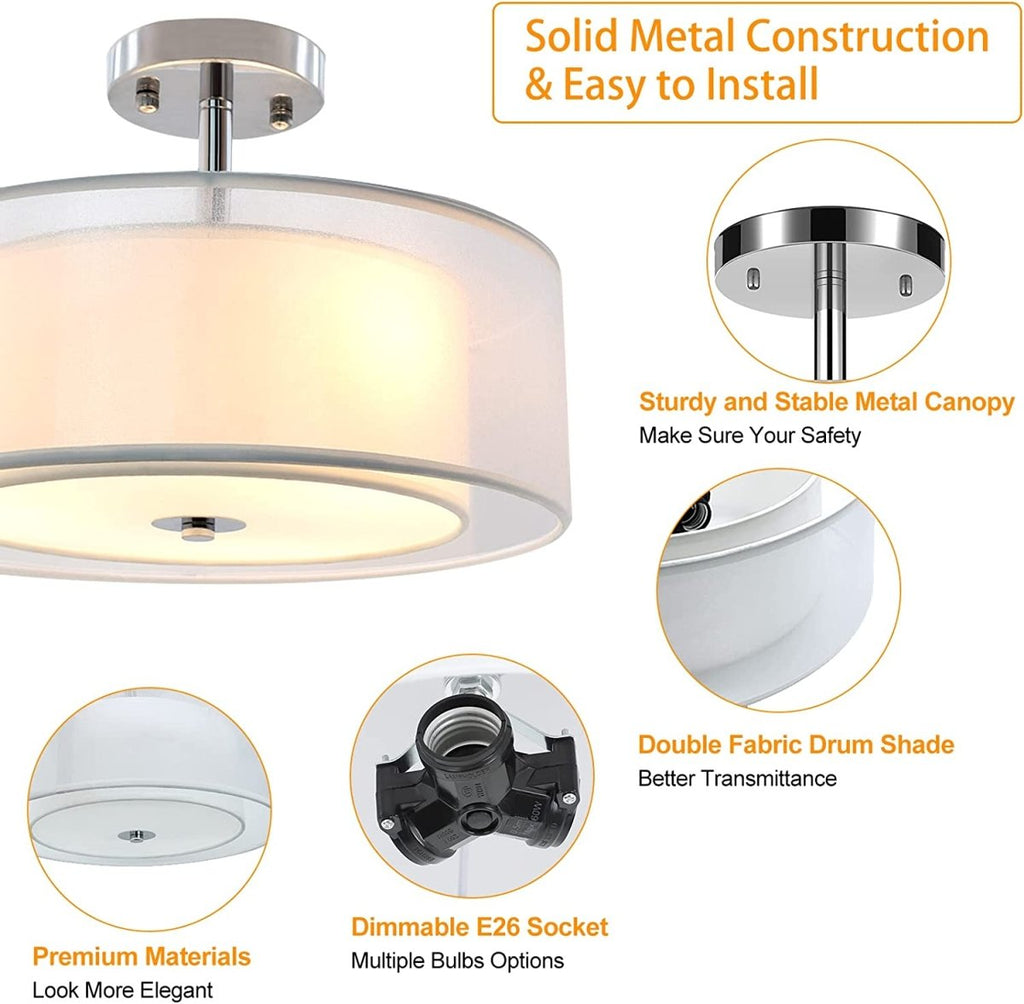 Depuley 3-Light Industrial Semi Drum Flush Mount Light, 15 Inch Double Drum Pendant Close to Ceiling Light Fixture for Bedroom, Dining Room, Kitchen, Hallway, Entry, Foyer, Living Room Lighting - WSCL31 6 | DEPULEY