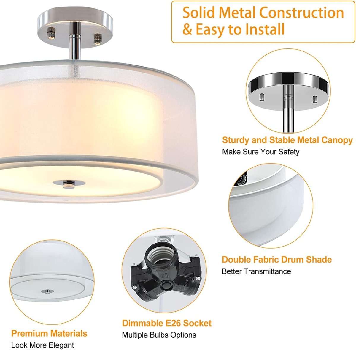 Depuley 3-Light Industrial Semi Drum Flush Mount Light, 15 Inch Double Drum Pendant Close to Ceiling Light Fixture for Bedroom, Dining Room, Kitchen, Hallway, Entry, Foyer, Living Room Lighting - WSCL31 6 | DEPULEY