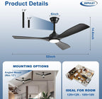 Depuley 52" Remote Ceiling Fan with Lights, Low Profile Modern Ceiling Fans, Noiseless Reversible DC Motor for Bedroom/Living Room/Study/Gazebo Lighting, Timing, 3 Light Color Changeable - Matte Black - WS - FPZ40 - 18C - BL 7 | DEPULEY