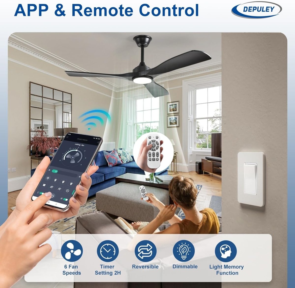Depuley 52" Remote Ceiling Fan with Lights, Low Profile Modern Ceiling Fans, Noiseless Reversible DC Motor for Bedroom/Living Room/Study/Gazebo Lighting, Timing, 3 Light Color Changeable - Matte Black - WS - FPZ40 - 18C - BL 9 | DEPULEY