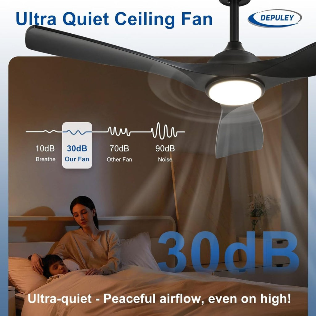 Depuley 52" Remote Ceiling Fan with Lights, Low Profile Modern Ceiling Fans, Noiseless Reversible DC Motor for Bedroom/Living Room/Study/Gazebo Lighting, Timing, 3 Light Color Changeable - Matte Black - WS - FPZ40 - 18C - BL 10 | DEPULEY