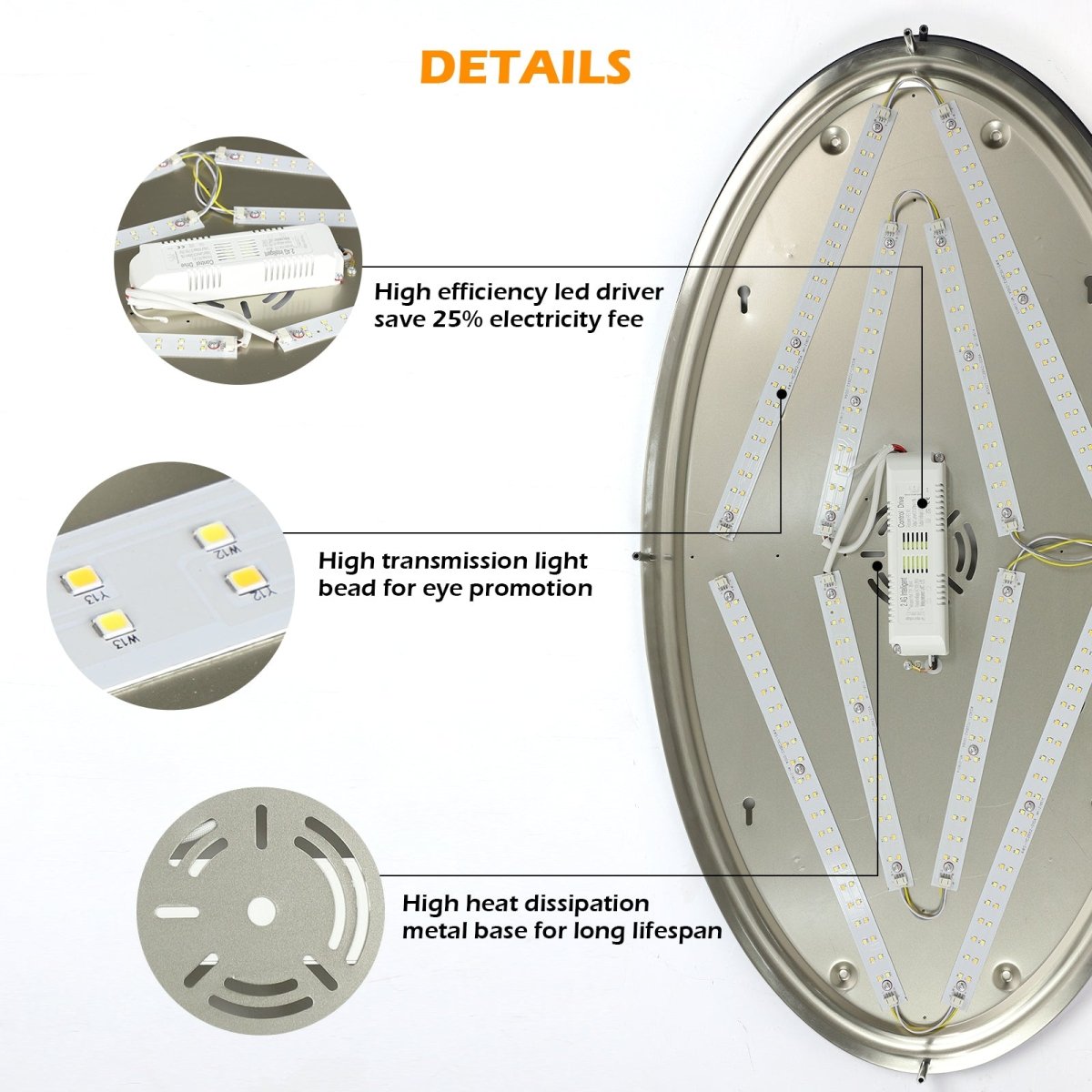 DLLT 32In Oval LED Ceiling Light Fixture, 65W Dimmable LED Flush Mount Ceiling Light with Remote, 3000K/4000K/5000K Adjustable, Brush Nickel Finish for Bedroom/Living Room/Dining Room - WS-FPC39-65C-D 8 | DEPULEY