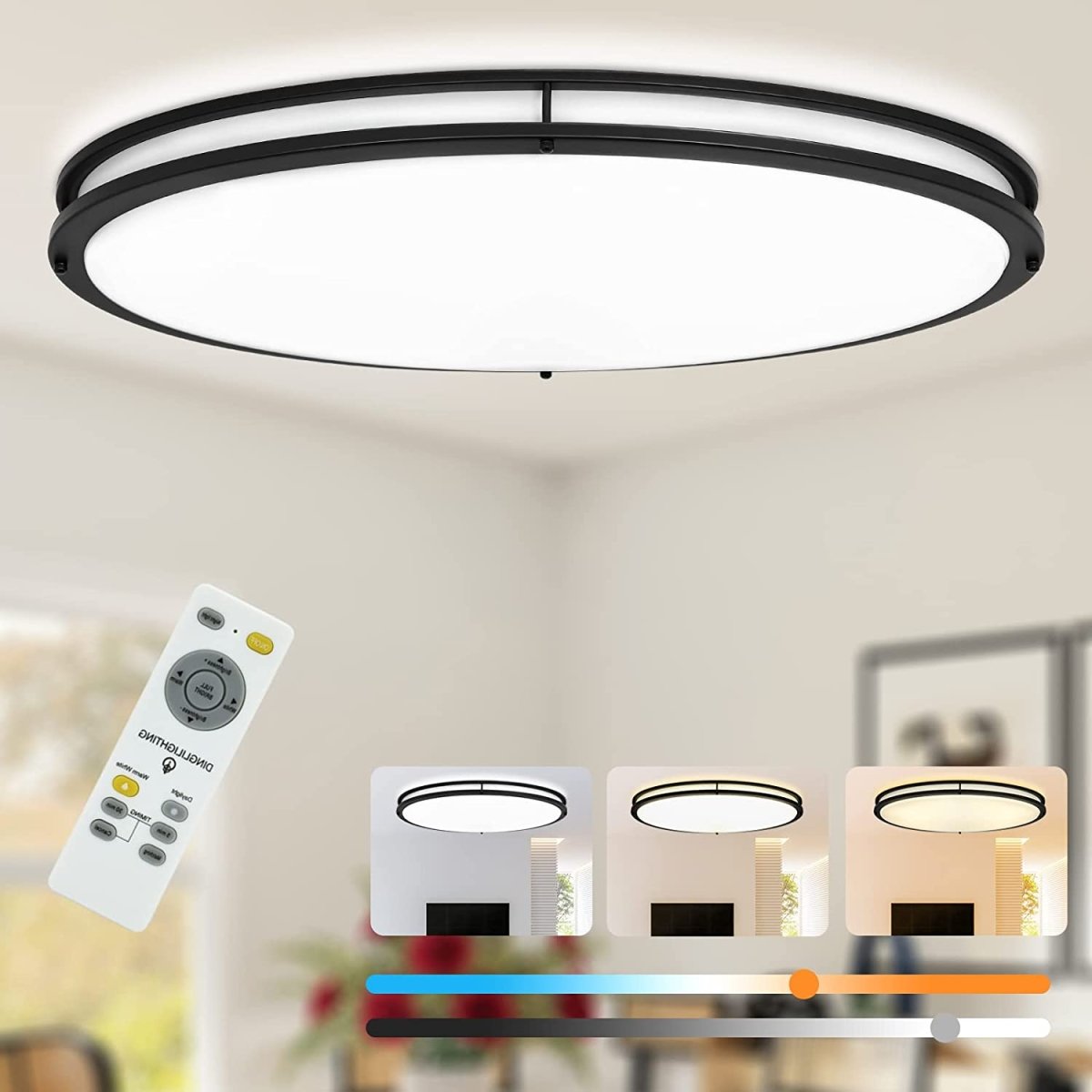 DLLT 32In Oval LED Ceiling Light Fixture, 65W Dimmable LED Flush Mount Ceiling Light with Remote, 3000K/4000K/5000K Adjustable, Brush Nickel Finish for Bedroom/Living Room/Dining Room - WS-FPC39-65C-B 13 | DEPULEY
