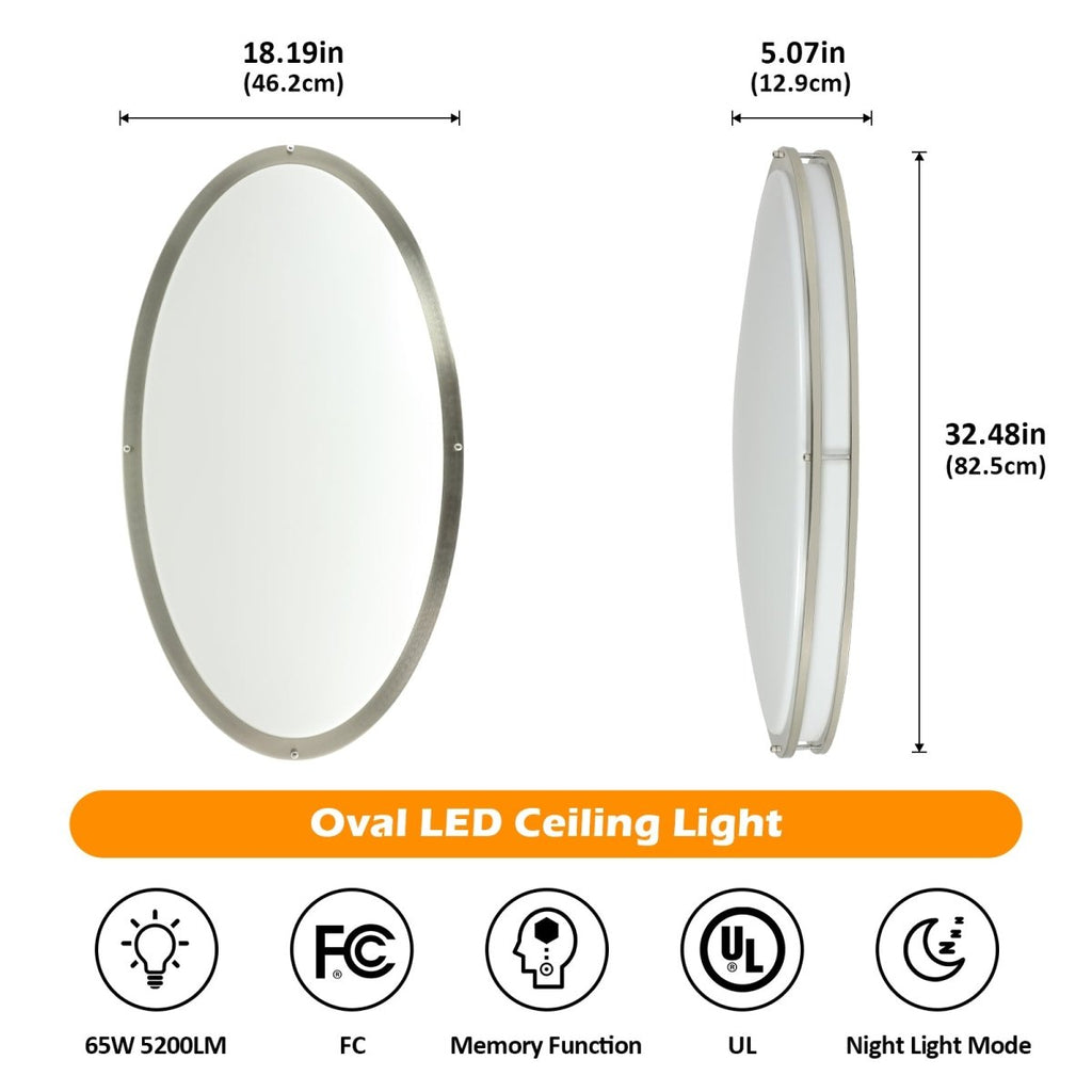 DLLT 32In Oval LED Ceiling Light Fixture, 65W Dimmable LED Flush Mount Ceiling Light with Remote, 3000K/4000K/5000K Adjustable, Brush Nickel Finish for Bedroom/Living Room/Dining Room - WS-FPC39-65C-D 6 | DEPULEY