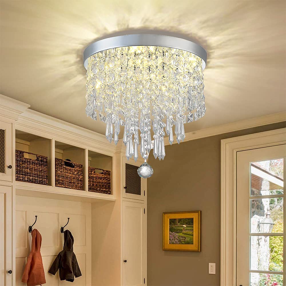 Depuley 3 Lights Modern Elegant Crystal Chandelier Lighting, K9 Ceiling Chandeliers Lights, φ250mm, Beaded Light Shade with Clear Acrylic Jewel Droplets,Flush Mount LED Ceiling Light for Dining Room Bedroom Livingroom - WSCCL01-250 1 | Depuley