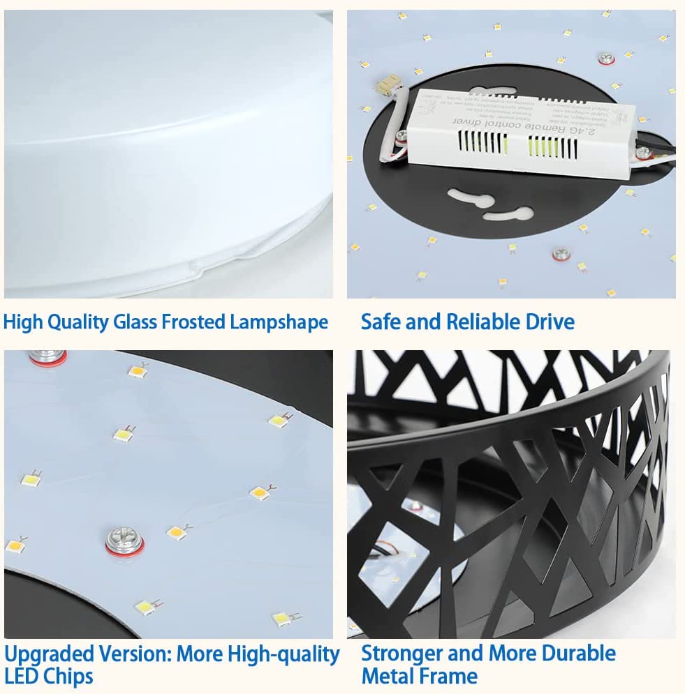 DLLT 35W Dimmable LED Ceiling Light with Remote and Round Large Design with Drawing, Flush Mount Fashion Black Ceiling Lamp for Bedroom Kitchen Dining Room Office Hall Children's Room, Timing, 3000K - 6000K, 3 Color Changeable - WSCL38-35C-B 7 | Depuley