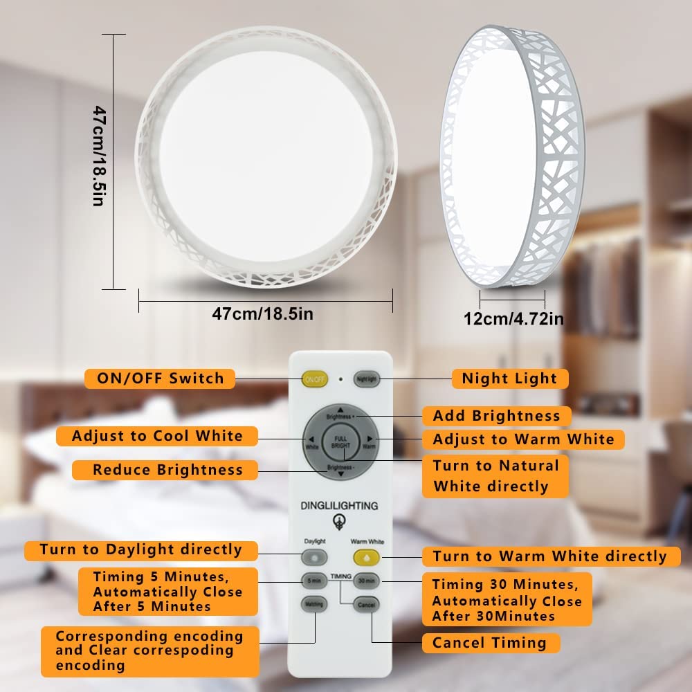 DLLT 35W Dimmable LED Ceiling Light with Remote and Round Large Design with Drawing, Flush Mount Fashion Black Ceiling Lamp for Bedroom Kitchen Dining Room Office Hall Children's Room, Timing, 3000K - 6000K, 3 Color Changeable - WSCL38-35C-B 19 | Depuley