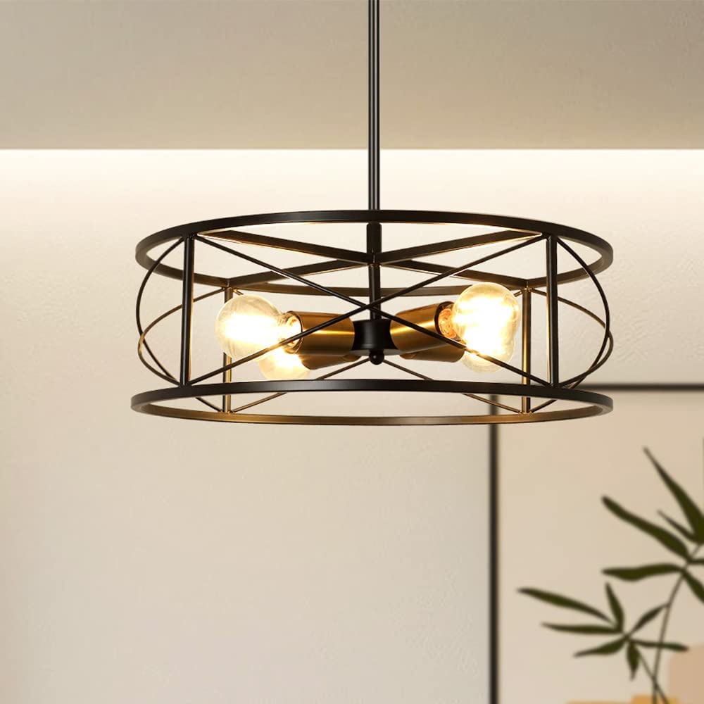 DLLT 4-Light Black Round Pendant Lighting, 18'' Industrial Metal Drum Cage Chandelier, Farmhouse Hanging Light Fixture for Dining Room, Kitchen, Living Room, Bedroom, Hallway - WS-FND63-60B 1 | Depuley