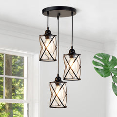 DLLT 3-Light Industrial Pendant Light, Black Metal Cage Hanging Chandelier Lights with Glass Shade, Vintage Style Flush Mount Swag Lighting Fixture for Kitchen Dining Room Hallway Bedroom - WSCL37-3B 1 | Depuley