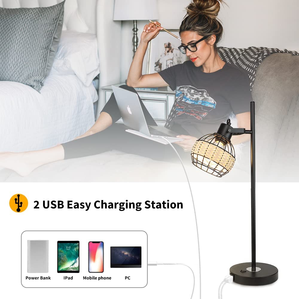 Depuley Industrial Beside Table Lamp with 2 USB Ports, Adjustable Modern Metal Nightstand Desk Lamp, 3000K Warm Light with Rattan Shade - WS-MNT31-60U 6 | Depuley