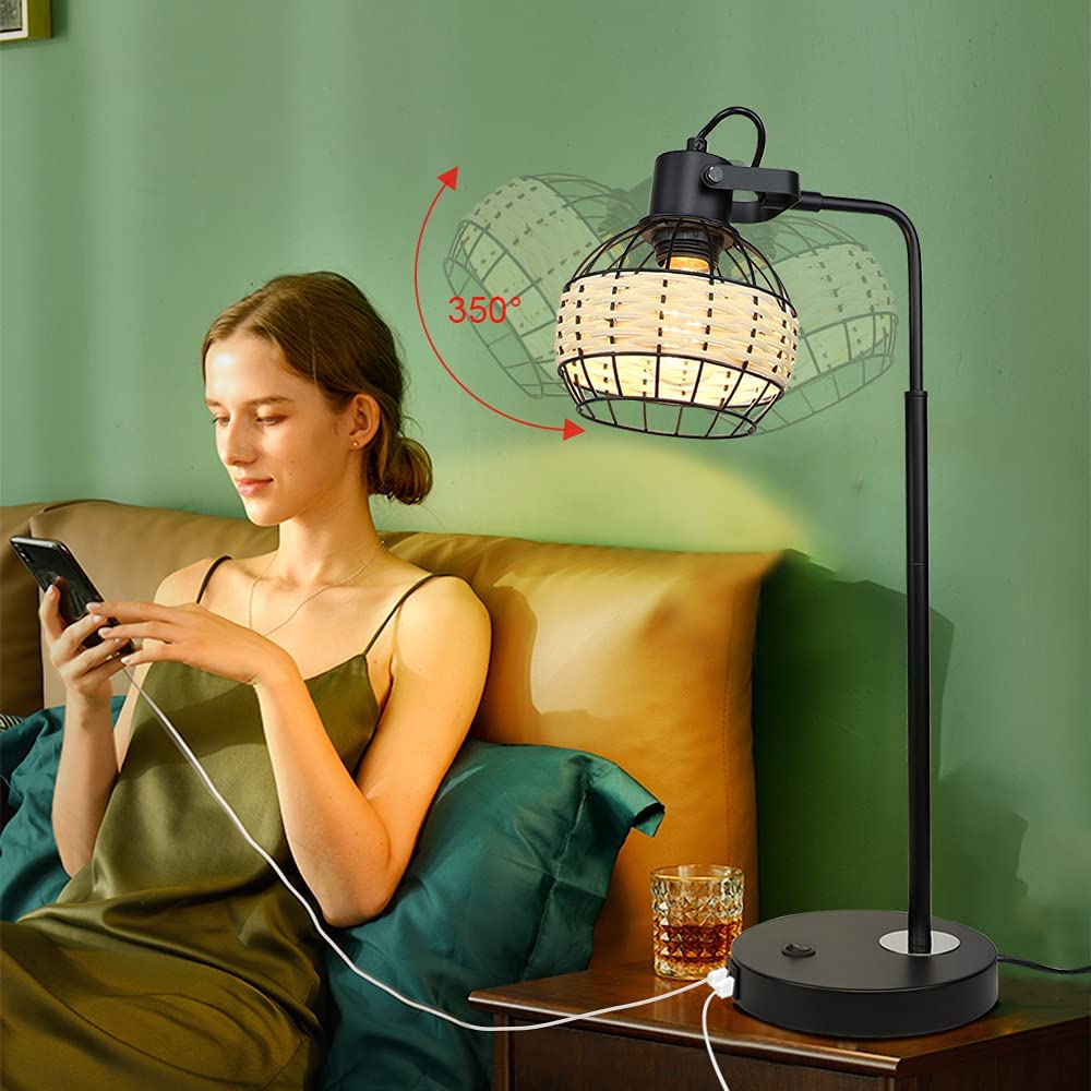 DLLT Industrial Black Table Lamp, 2 USB Ports Adjustable Head Desk Lamp, Modern Metal Nightstand Lamp with Rattan Shade, USB Bedside Lamps - WS-MNT32-60U 8 | Depuley