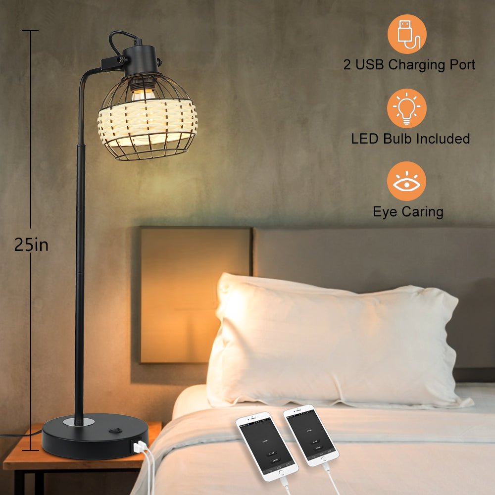 DLLT Industrial Black Table Lamp, 2 USB Ports Adjustable Head Desk Lamp, Modern Metal Nightstand Lamp with Rattan Shade, USB Bedside Lamps - WS-MNT32-60U 5 | Depuley