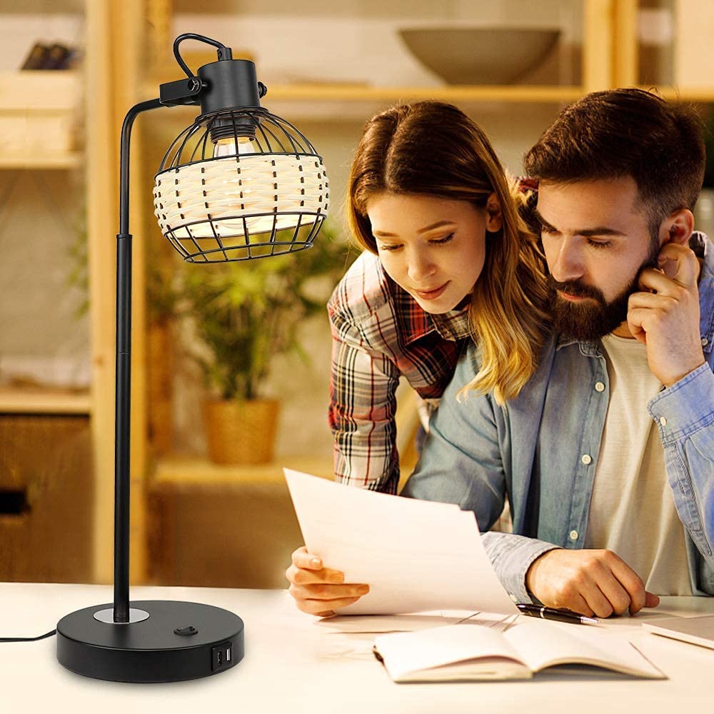 DLLT Industrial Black Table Lamp, 2 USB Ports Adjustable Head Desk Lamp, Modern Metal Nightstand Lamp with Rattan Shade, USB Bedside Lamps - WS-MNT32-60U 7 | Depuley
