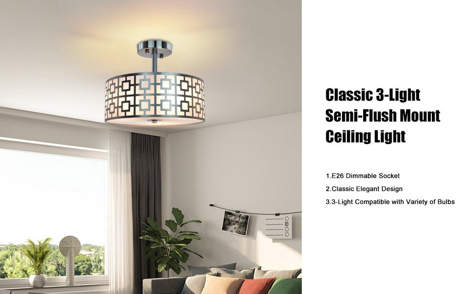 DLLT Stylish Semi Flush Mount Ceiling Lights, Iron Round Drum Cover Pendant lamp, Chandelier Lighting with 3 Bulb Socket in Chrome Finish for Bedroom Hallway Kitchen Entry Foyer Living Dining Room - WSCL30-S 11 | Depuley