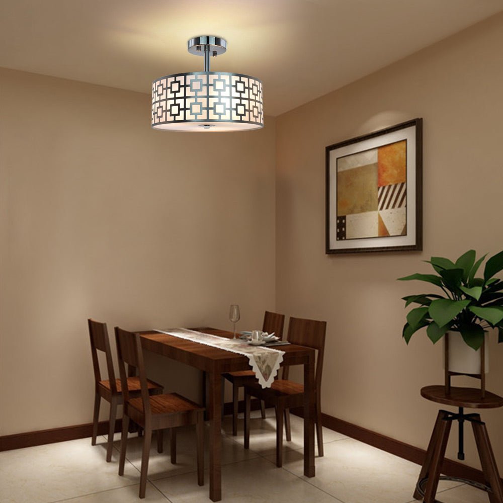DLLT Stylish Semi Flush Mount Ceiling Lights, Iron Round Drum Cover Pendant lamp, Chandelier Lighting with 3 Bulb Socket in Chrome Finish for Bedroom Hallway Kitchen Entry Foyer Living Dining Room - WSCL30-S 13 | Depuley