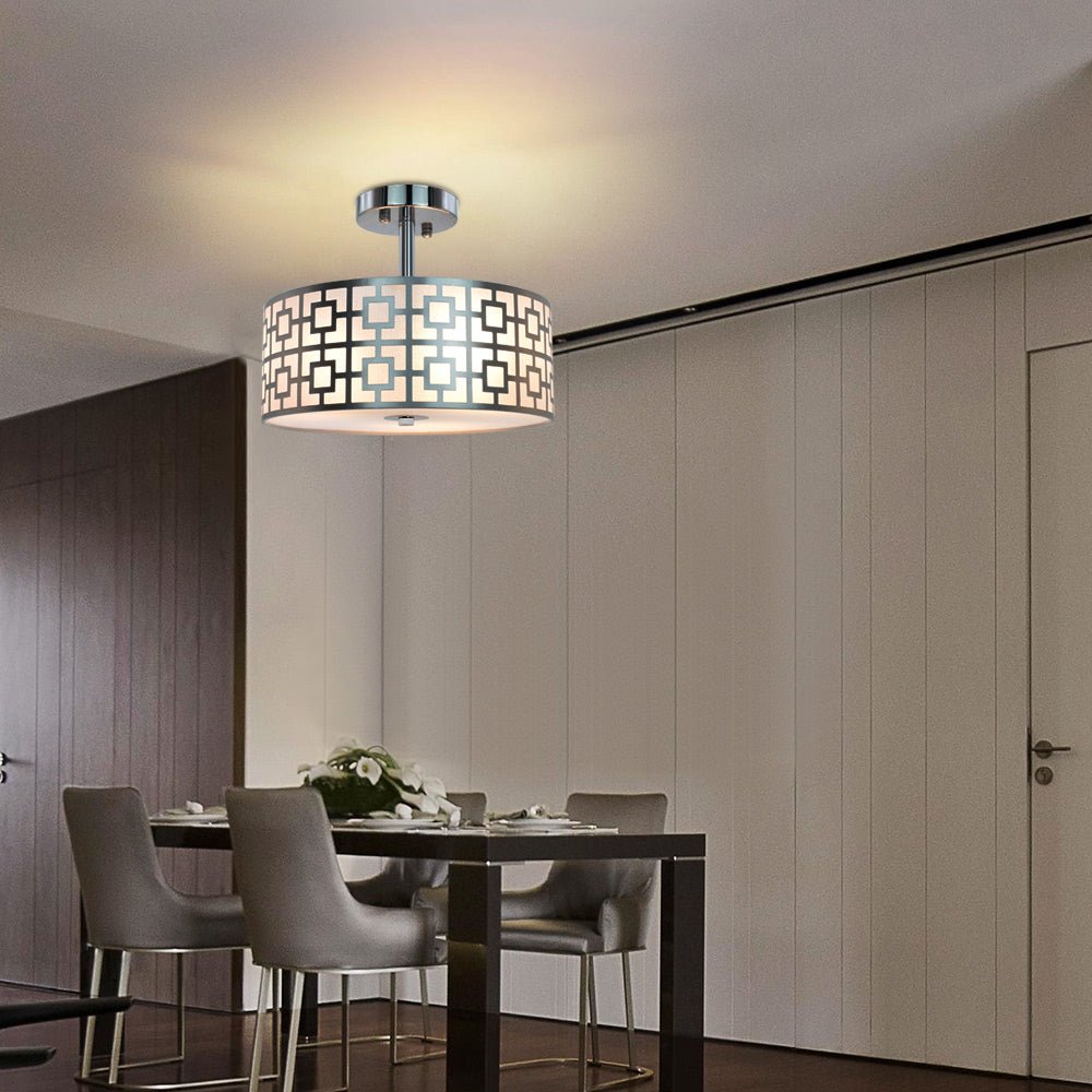 DLLT Stylish Semi Flush Mount Ceiling Lights, Iron Round Drum Cover Pendant lamp, Chandelier Lighting with 3 Bulb Socket in Chrome Finish for Bedroom Hallway Kitchen Entry Foyer Living Dining Room - WSCL30-S 14 | Depuley