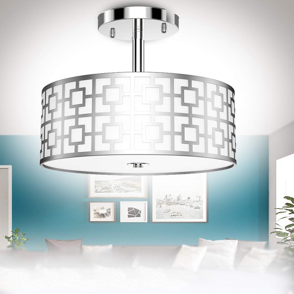 DLLT Stylish Semi Flush Mount Ceiling Lights, Iron Round Drum Cover Pendant lamp, Chandelier Lighting with 3 Bulb Socket in Chrome Finish for Bedroom Hallway Kitchen Entry Foyer Living Dining Room - WSCL30-S 2 | Depuley